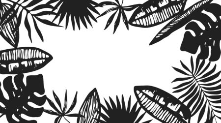 Black horizontal vector frame of textured hand drawn tropical leaves with white center background. Trendy contrast exotic greenery border for summer greeting cards, banner design, wedding invitationのイラスト素材