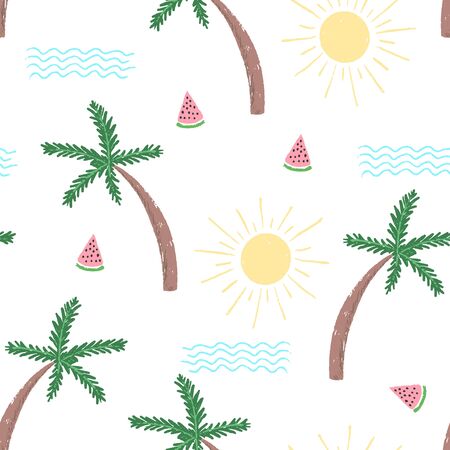 Cute summer seamless pattern with hand drawn sketch palm trees, sun, waves and melons. Tender childish tropical travel texture for textile, wrapping paper, surface, wallpaperのイラスト素材