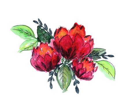 Bright watercolor red and green floral bouquet. Color painting composition with ink pen outline pink roses or peonies flowers and fresh leaves for invitation, wedding, greeting cards design, stickerの写真素材