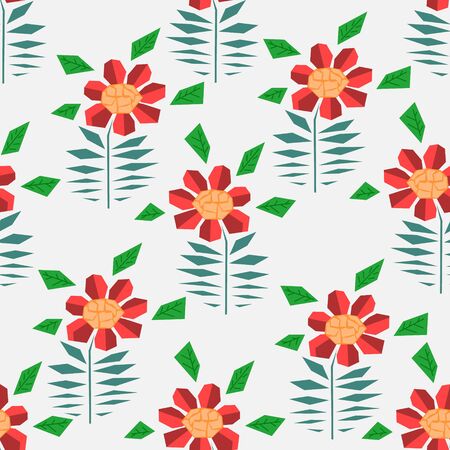 Bright seamless pattern with cute simple red and orange gerbera flowers in scandinavian style. Abstract nordic floral texture for textile, wrapping paper, background, package, surface designのイラスト素材