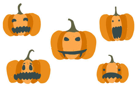 Set of cute cartoon orange vector jack-o-lanterns. Collection of scary Halloween pumpkins for greeting cards design, stickers, banners decorのイラスト素材