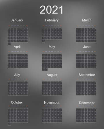 2021 full year vector wall calendar in minimal simple style on gray gradient background. Week starts in Sunday, twelve month calendar in one. Work and holiday events planner mockupのイラスト素材