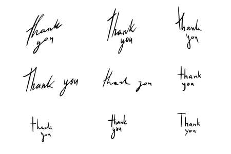 Collection of black vector hand written thank you inscriptions. Set of sketch grateful texts for greeting cards, response letters and postcards designのイラスト素材