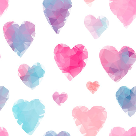Abstract seamless pattern with red, blue and pink bright polygonal hearts. Lovely textured background for Valentines day wallpaper, textile, wrapping paper, cards designのイラスト素材