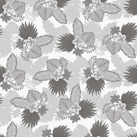 Tender monochrome gray seamless pattern with tropical leaves and flowers bouquets. Pale brown botanical texture for textile, wrapping paper, surface, wallpaperのイラスト素材