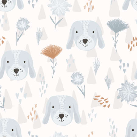 Cute seamless pattern with cartoon dog heads, hearts and colorful childish flowers. Funny hand drawn domestic puppy texture for kids design, wallpaper, textile, wrapping paperのイラスト素材