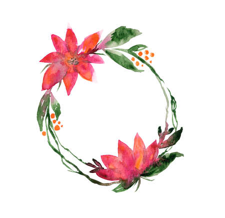 Watercolor round wreath with pink flower and twigsの写真素材
