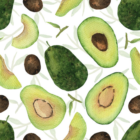 Cute sketch watercolor green avocado patternの写真素材