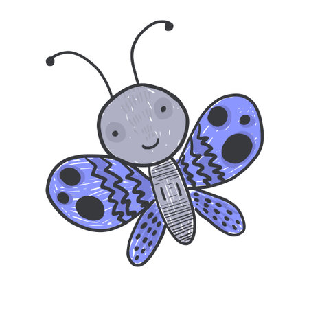 Cute simple doodle violet butterfly, purple moth. Doodle colorful fly insect for kids print design, greeting cards, cheerful childish decorating elementのイラスト素材
