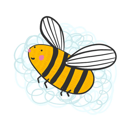 Cute simple doodle yellow and black flying bee. Doodle colorful fly insect for kids print design, greeting cards, cheerful childish decorating elementのイラスト素材
