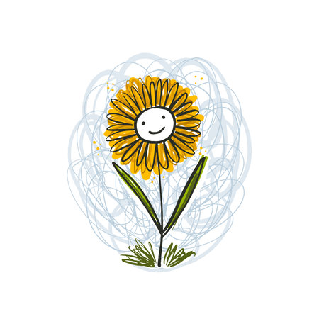 Cute sketch hand drawn vector yellow smiling gerbera flower illustration. Bright cartoon childish floral clipart for kids print design, textile decoration, greeting cards, print, stickers, logoのイラスト素材