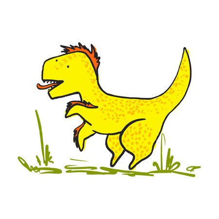 Cute sketch hand drawn yellow color deinonychus illustration. Bright cartoon childish funny dinosaur for kids print design, textile decoration, greeting cards, dino stickers, logoのイラスト素材