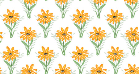 Cute sketch hand drawn vector seamless pattern with textured yellow gerbera flower bouquets. Yellow daisy flowers texture for textile, surface design, decoration, wallpaper, wrapping paperのイラスト素材