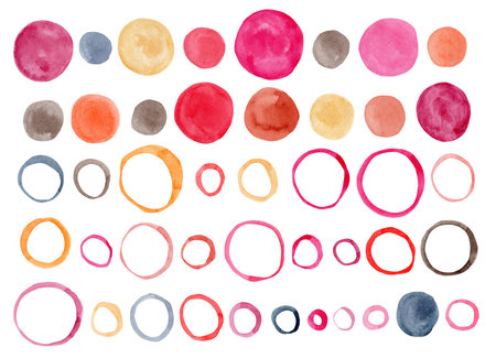 Collection of bright pink, orange, indigo watercolor circles, rings and blobs. Cute bright textured hand painted round elements for kids textile design, wrapping paper, stickers, labelsの写真素材