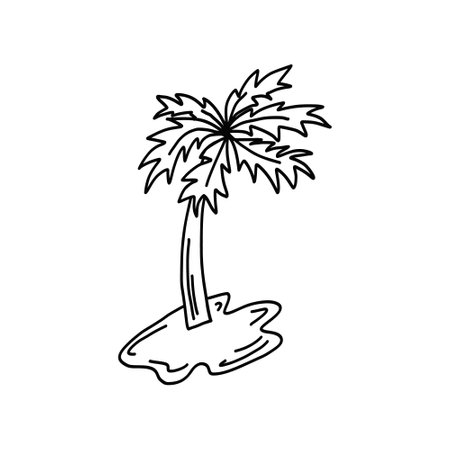 Cute vector black outline doodle palm on island. Funny hand drawn tropical sea tree illustration for logo design, tattoo, sticker, decor element, textile printのイラスト素材