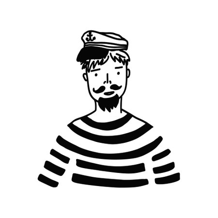 Cute vector black outline doodle sailor man. Funny hand drawn seaman illustration for logo design, tattoo, sticker, marine decor element, textile printのイラスト素材