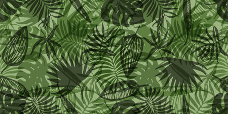 Bright green pattern with mess of tropical leavesのイラスト素材