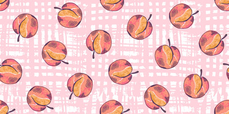 Bright pink pattern with textured peach fruits