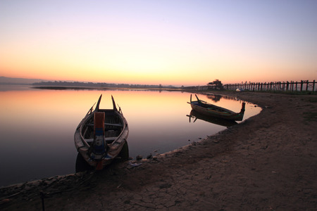 beautiful morning of marina at U-Bein bridge, Mandalay in Myanmarの写真素材