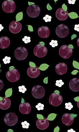 Fresh purple plum seamless pattern with white cherry blossom on black background, Vector illustrationのイラスト素材