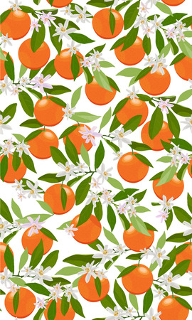 Seamless pattern orange fruits with flowers and leaves on white background. Vector illustration.のイラスト素材