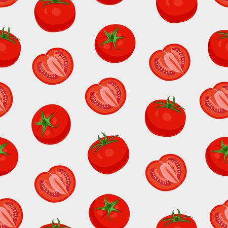 Tomato vegetables seamless pattern on white background,  Fresh whole tomatoes and half cut, vector illustrationのイラスト素材