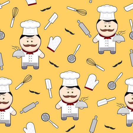 Chef cute cartoon character seamless pattern on yellow background, chef with mustache and kitchen utensils, vector illustrationのイラスト素材