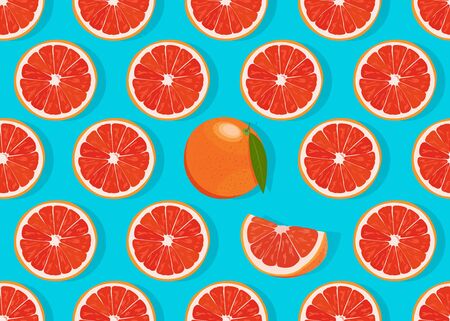Orange fruits slice seamless pattern on blue background with shadow. Grapefruit citrus fruit vector...