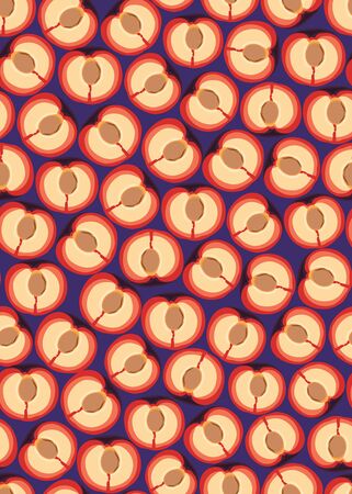 Plum fruits slice seamless pattern on purple background, Fruit vector illustration background.のイラスト素材