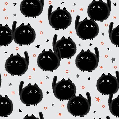 Halloween spooky cats seamless pattern on gray background. Funny fat cat halloween pattern background. Halloween theme design vector illustrationのイラスト素材