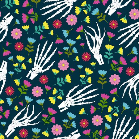 Day of the Dead skeleton hand and flower seamless pattern on green background. Dia De Los Muertos celebration pattern background. Halloween vector illustrationのイラスト素材