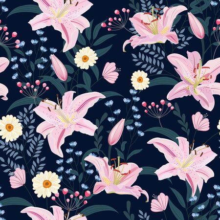 Lily flower seamless pattern on blue background with floral, Pink lily floral vector illustrationのイラスト素材