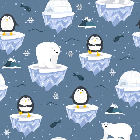 Christmas seamless pattern with penguin on ice floe background, Winter pattern with polar bear, wrapping paper, pattern fills, winter greetings, web page background, Christmas and New Year greeting cardsのイラスト素材
