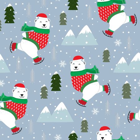 Christmas seamless pattern with polar bear ice skates background, Winter pattern with white bear ice skating, wrapping paper, pattern fills, winter greetings, web page background, Christmas and New Year greeting cardsのイラスト素材