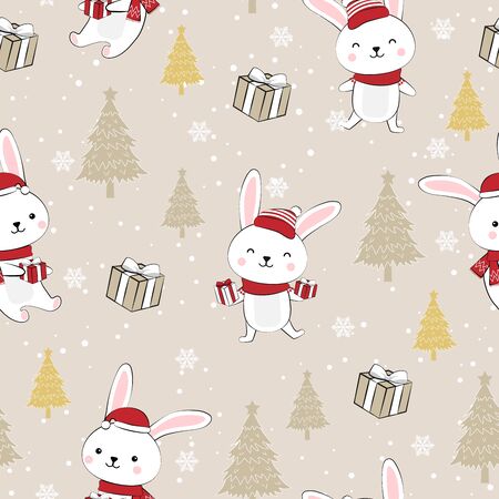 Christmas seamless pattern with bunny background, Winter pattern with white rabbit, wrapping paper, pattern fills, winter greetings, web page background, Christmas and New Year greeting cardsのイラスト素材