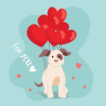 Happy Valentine's Day cute dog with balloon, Valentines Day background with puppy dog and for you lettering, Valentine card and posterのイラスト素材