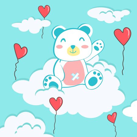 Happy Valentine's Day with teddy bear on cloud, Valentines Day background with heart shape balloon, Valentine card and posterのイラスト素材
