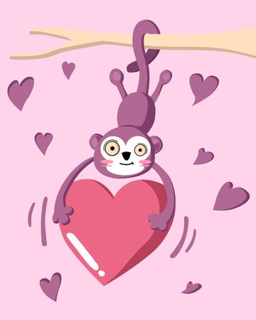 Happy Valentine's Day with monkey hanging on a branch, Valentines Day background, Valentine card and posterのイラスト素材