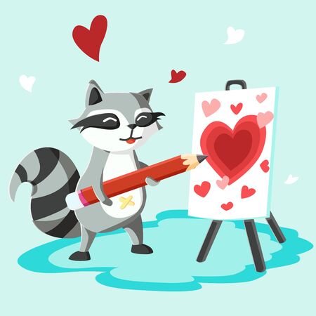 Happy Valentine's Day raccoon with easel board, Valentines Day background, Valentine card and posterのイラスト素材
