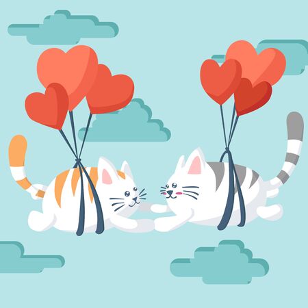 Happy Valentines Day of couple cat flying with a parachute, Valentines card and posterのイラスト素材