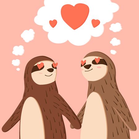 Happy Valentines Day of couple sloth holding hands, Valentines card and posterのイラスト素材