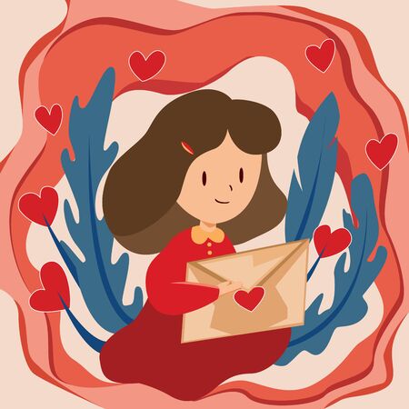 Happy Valentine's Day with girl reading love letter, Valentines card and posterのイラスト素材