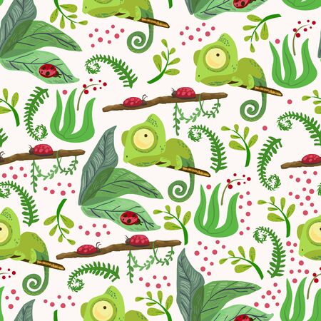 Seamless pattern with chameleon. Forest pattern vector backgroundのイラスト素材