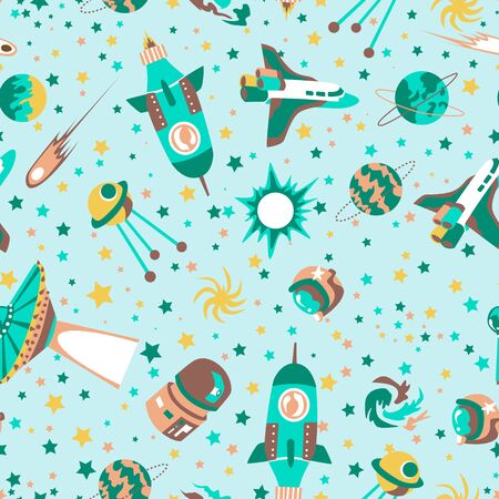 Seamless background with spaceships and stars, Space vector illustrationのイラスト素材