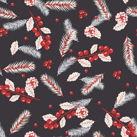 Christmas seamless pattern with fir branches background, Winter pattern with holly berries, wrapping...