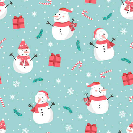 Christmas seamless pattern with snowman background, Winter pattern with snowflakes, wrapping paper, winter greetings, web page background, Christmas and New Year greeting cardsのイラスト素材