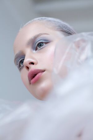 Artistic photo of a girl with blue eyes and winter make-up, snowy eyelashes and eyebrows. View from below.の写真素材