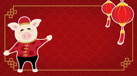 border of Chinese New Year and have pig and lantern with red pattern backgroundのイラスト素材