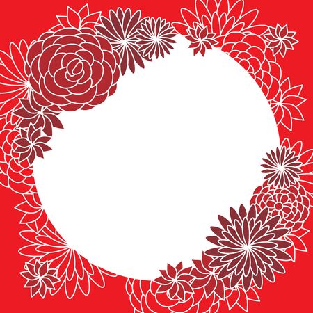 square frame of many flowers, doodle floral  on red backgroundのイラスト素材