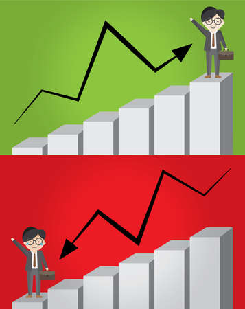 graph invesment business man up and down. grow and loss money on green and red background.のイラスト素材